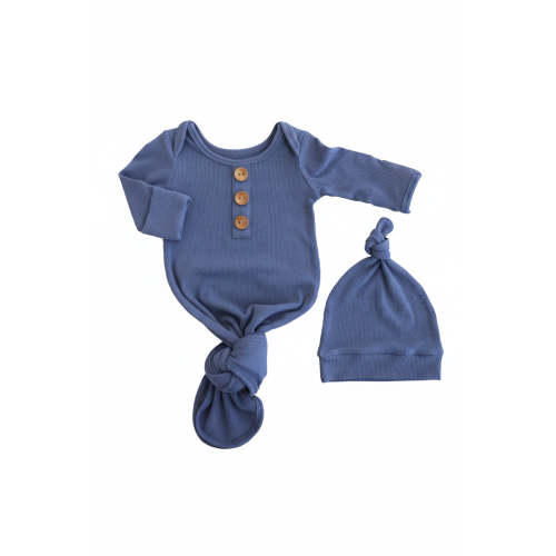 Steel Blue Ribbed Bamboo Baby Knot Gown & Hat