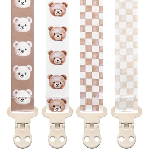 Baby Pacifier Clip Holder - Boy and Girl Unisex 4 Pack Gift Set – Vintage Neutral Checker Teddy Bear Beige and Brown