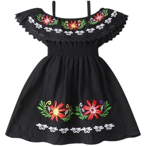 FYMNSI Mexican Dress for Girls Toddler Baby Cinco De Mayo Fiesta Mexican Off Shoulder Floral Embroidered Drape Casual Dress