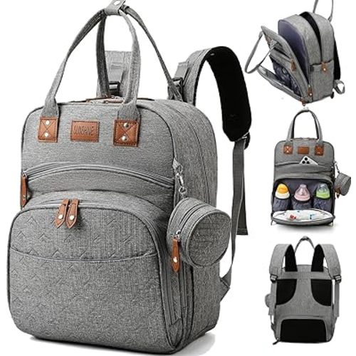 Diaper Bag Backpack, Waterproof Travel Back Pack with Diaper Pouch, Baby Essentials Travel Bag with Stroller Straps & Pacifier Case, Large Capacity with Insulated Pockets, Unisex, Grey