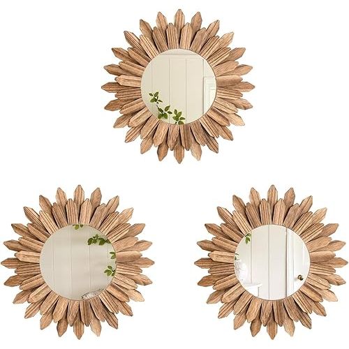 LOSOUR Boho Wall Decor Sunburst Mirror 3 Pack Rustic Round Wood Mirror 12 inch Boho Mirror Home Decor Farmhouse Room Decorations for Bedroom Living Room Entryway