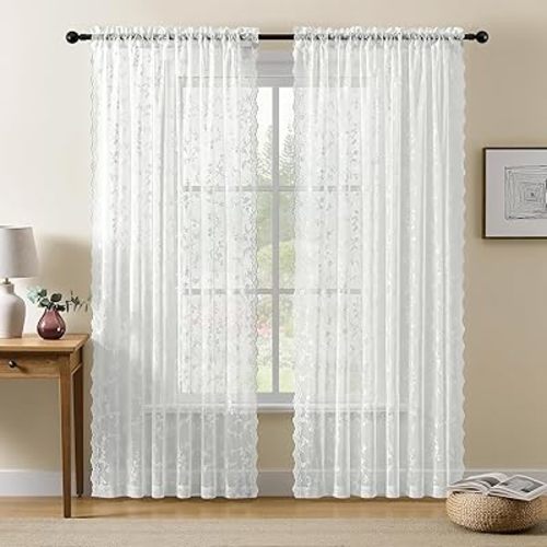 Sheer Lace Curtains 63 Inches Long, Vintage Floral Light Filtering Ivory Lace Curtains for Living Room & Bedroom, Rod Pocket, 2 Panels Set, Branch Pattern (Ivory, 52" W x 63" L)