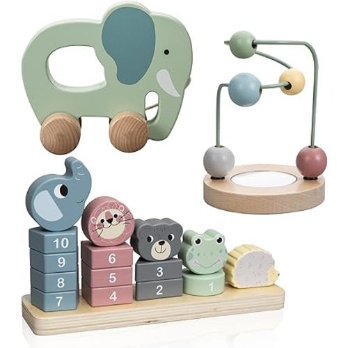 Wooden Montessori Toys Set - Aesthetic Baby Wooden Toys - 1 Year Old Montessori toys for Learning, Engaging and Developing for Toddlers Age 1-3 - Including Counting Toy, Pull Toy and Bead Maze