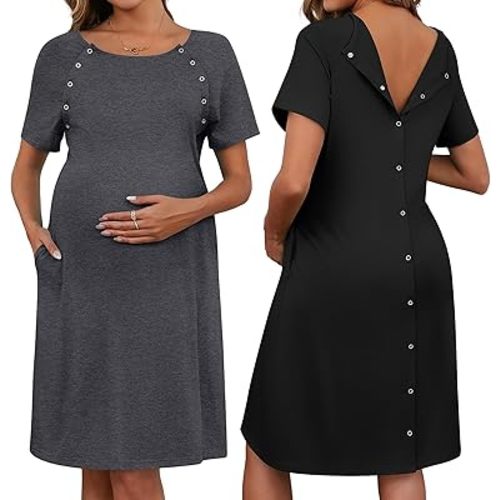 Huukeay 2 Pack Labor Delivery Nursing Hospital Gown Women's 35% Cotton Maternity Birthing Dress 3 In1 Breastfeeding Pajamas
