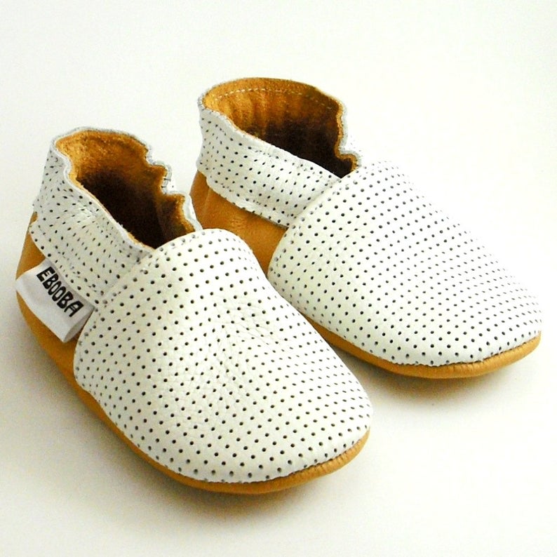 Sole Leather Baby Shoes - White yellow, Summer baby slippers with an yellow (light ohra) back and bottom