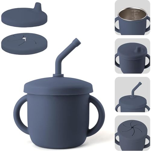 Bakpoco 4-in-1 Stainless Steel Silicone Sippy Cup, 8.5oz Toddler Open Cup with Straw, Sippy & Snack Lids, For Baby Led Weaning, Toddlers 1-3 Years Trainning Kids Drinking, Dishwasher Safe, Navy
