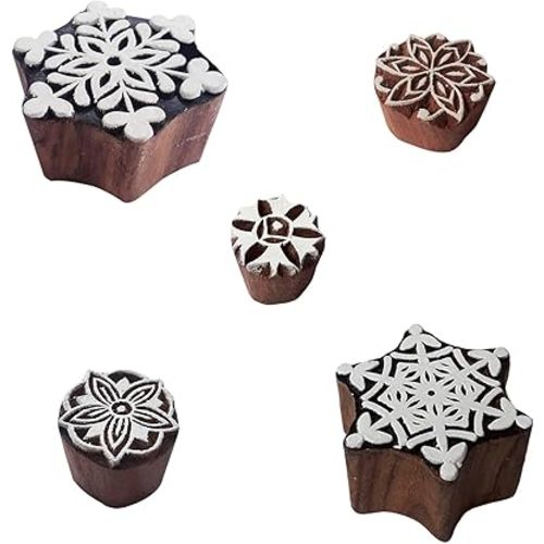 Royal Kraft Snowflake Wooden Printing Stamps (Set of 5) - DIY Henna Fabric Textile Paper Clay Pottery Blocks Htag2218