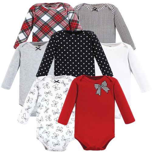 Hudson Baby Infant Girl Cotton Long-Sleeve Bodysuits, Winter Bows 7-Pack, 0-3 Months