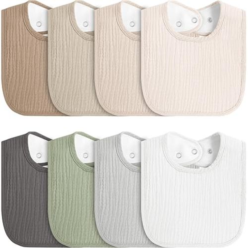 8-Pack Baby Muslin Bibs, Soft Cotton Drool Bibs for Boys Girls, Adjustable and Absorbent Newborn Bib Set for Feeding and Drooling