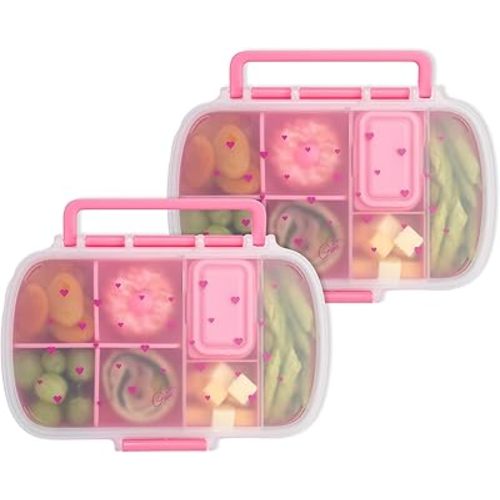 Paris Hilton 2-Pack Bento Style Snack Boxes, 7-Compartment Lunch Containers with Built-In Phone Stand, Removable Dividers and Dip Containers, Pink Bow Print