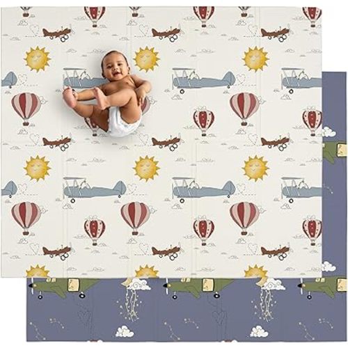 JumpOff Jo Baby Play Mat - Large Folding Foam Play Mat for Infants, Babies, Toddlers, Waterproof, Double-Sided (70" x 59") - Take Flight