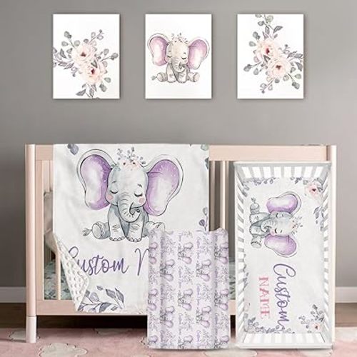 Personalized Baby Crib Bedding Set: 4 Piece Custom Gift Crib Bed Set with Name - Light Purple Elephant Design, Nursery Bedding Set for Baby Girls,Newborn Girls Crib Sets, Crib Bedding Shower Gifts