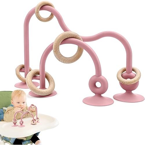Baby Sensory High Chair Suction Toys for Infant Toddlers 12 18 Months, Food Grade Silicone String with Oak Loop Montessori Educational Parent-Child Bath Toy Gift for Birthday Christmas (Dark Pink)