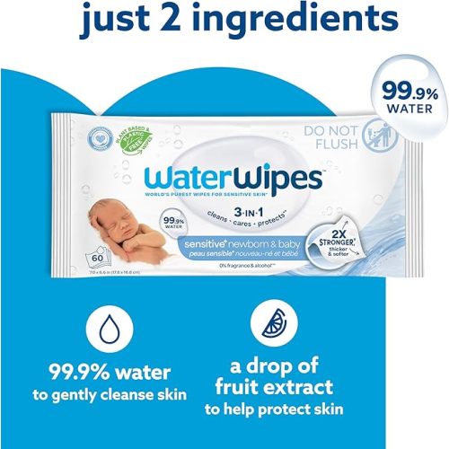 WaterWipes Sensitive+ Newborn & Baby Wipes, 3-In-1 Cleans, Cares, Protects, 99.9% Water, Unscented & Hypoallergenic, 540 Count (9 Packs)