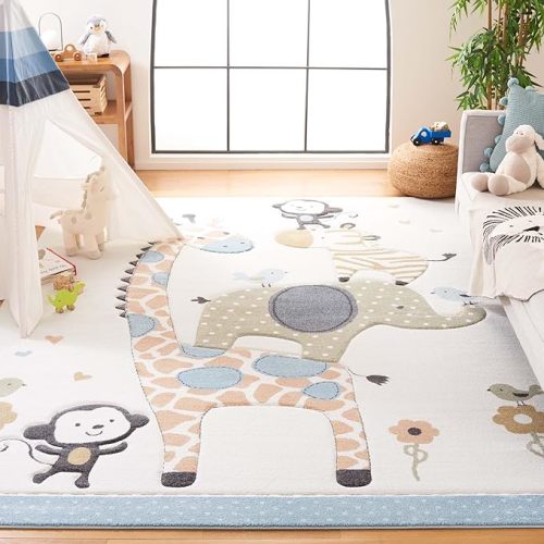 SAFAVIEH Carousel Kids Collection Area Rug - 8' x 10', Ivory, Animal Design, Non-Shedding & Easy Care, Ideal for High Traffic Areas for Boys & Girls in Playroom, Nursery, Bedroom (CRK120A)