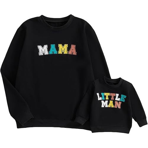 Karuedoo Mommy and Me Matching Outfits Letter Print Crewneck Long Sleeve Sweatshirt Top Mom and Son Matching Shirts