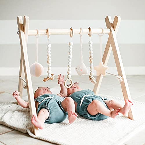 funny supply Wooden Baby Gym with 6 Gym Toys Foldable Baby Play Gym Frame Activity Center Hanging Bar Newborn Gift