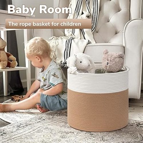 Goodpick Woven Storage Basket, Small Laundry Basket for Clothes 15 x 14.2 Inches, Toy Storage Basket, Rope Basket for Blanket, Wicker Basket for Storage, Brown
