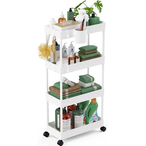 LEHOM Slim Rolling Storage Cart - 4 Tiers Bathroom Organizer Utility Cart Slide Out Storage Shelves Mobile Shelving Unit for Kitchen, Bedroom, Office, Laundry Room, Small Narrow Spaces (Pear White)