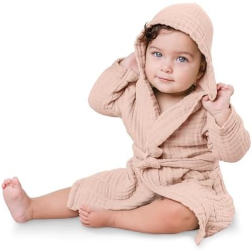 Comfy Cubs Muslin Bath Robe for Kids - 100% Cotton, 4-Layer Absorbent Muslin Fabric - Hooded with Pockets and Belted