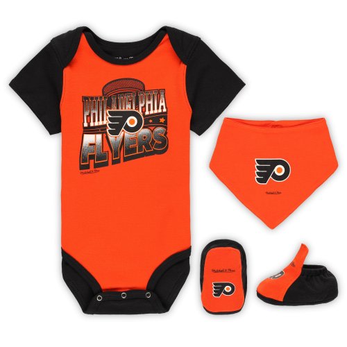 Philadelphia Flyers Mitchell & Ness Infant Big Score 3-Pack Bodysuit, Bib and Bootie Set - Orange/Black