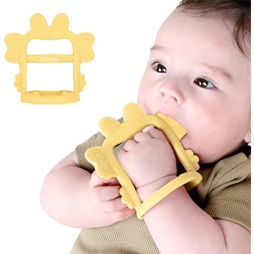 Anti-Dropping Silicone Baby Wrist Teether Soothing Pacifier for Infants 3+ Months Babies, Pack of 1, Made in Korea (Crab-Elfin Yellow)