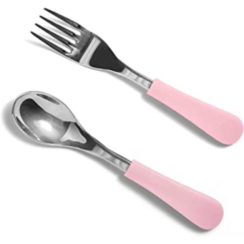 Avanchy Baby Fork Set, Stainless Steel and Silicone Spork Utensils, Toddler Baby Led Weaning Silverware Cutlery Flatware, Kids First Self Feeding 2 Pack, Pink Spoon, Fork