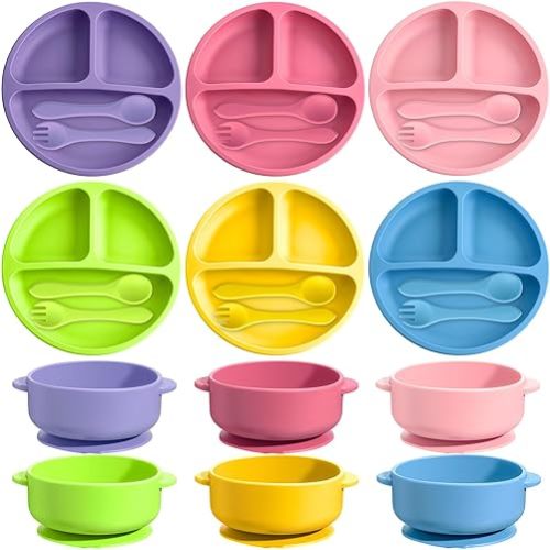 Dandat 24 Pcs Silicone Baby Feeding Set, 6 Baby Toddler Suction Bowls 6 Divided Suction Plates with 6 Forks 6 Spoons, Baby Utensils Set for Weaning Infant Feeding and Eating, 6 Styles (Bright Color)
