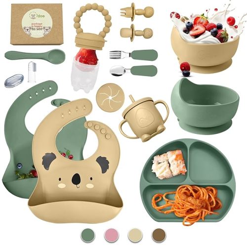 O'doe 17-Piece BPA-Free Silicone Baby Feeding Set | Thick & Soft Suction Plates, Baby Bowls, Wooden Fork & Spoon, and More | Make Mealtime Fun and Easy for Your Little One (Beige and Green, V3) - V3: Premium Set [17 Pieces]