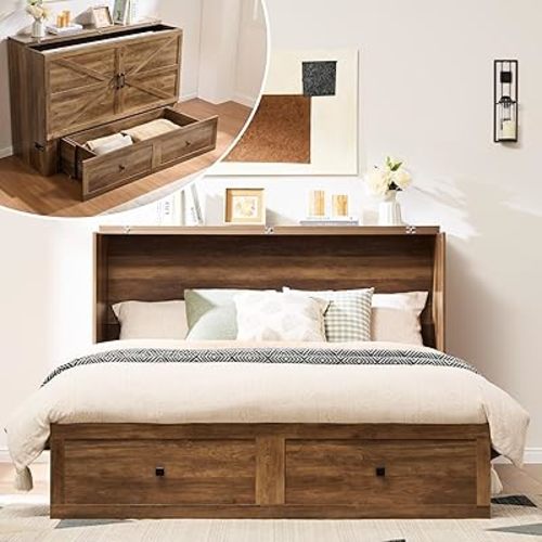 AMERLIFE Full Murphy Bed Cabinet with Charging Station and Storage, Farmhouse Foldable Platform Bed for Guest Room, Office, Small Spaces, Barnwood
