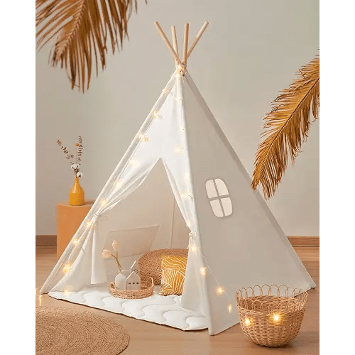 Tiny Land Teepee Tent for Kids, 100% Cotton Play Tent with Padded Mat and Star Lights, Kids Teepee Tent with Carry Bag, Foldable Kids Tent for Toddlers Aged 3+, Quality Teepee Tent for Girls and Boys