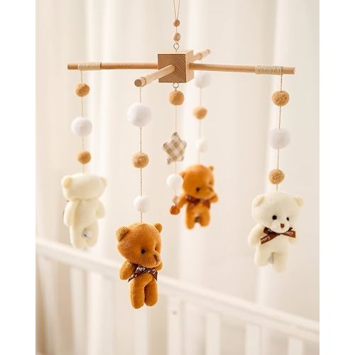 Baby Crib Mobile Animal Bear Crib Accessories Toys Safari Mobile for Bassinet Soothe Toy Boho Nursery Decor for Girls Boys Teddy Bear Room Decor