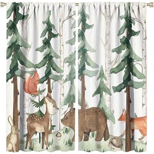 Forest Nursery Curtains - Woodland Bear & Wildlife Theme, Blackout 42x63 Inch 2 Panels