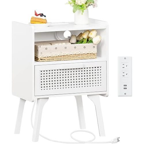 Lerliuo Rattan Nightstand with Charging Station, Side Table with Drawer Open Shelf, Cane Accent Bedside End Table with Solid Wood Legs, Night Stand for Bedroom, Dorm and Small Spaces (White)