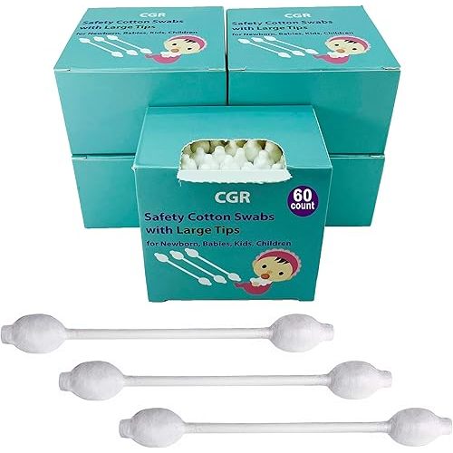 300pcs CGR Baby Safety Cotton Swabs with Large Tips for Newborn, Babies, Kids, Children, 100% Organic Cotton, White Paper Sticks, 5 Pack of 60 Swabs Total(5 Paper Boxes)