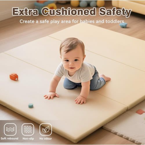 Foam Baby Play Mat: PU Leather Waterproof Kids Playmat - Trifold Floor Mat - Large Play Mat for Playpen Thick Pad Fodable Mattress Soft Toddler Mattress Infant Cushion for Preschool (Beige)
