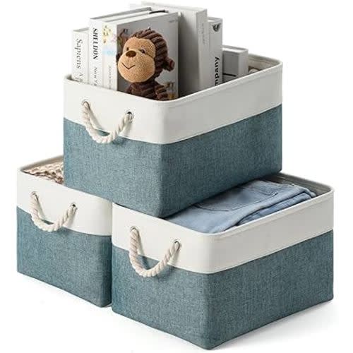 Storage Bins 3 Pack, Fabric Storage Basket for Collapsible Large Canvas Storage Baskets for Organizing Shelf Nursery Home Closet . 15(L) x 11(W) x 9.5(H) inch (White&Teal-3PCS)