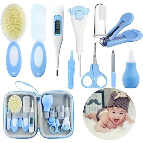 Baby Care Kits,Baby Grooming Kit,10 in 1 Newborn Essentials Must Haves,Baby Nail Clippers Baby Brush Baby Comb Earpick Nose Cleaning Tool Baby Nail File Nursing Baby Kit (Blue)