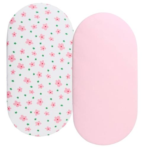 Bassinet Sheets Compatible with Fisher-Price Soothing Motions/Luminate Bassinet & Chicco LullaGo Anywhere Portable Bassinet, 2 Pack Fitted Sheets, 100% Jersey Knit Cotton 190GSM, Floral and Pink