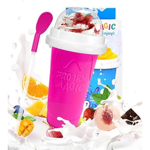 Slushie Cup, DIY Magic Slushy Maker Cups, Portable Slushy Cup for Juices, Milk and Ice Cream Make, Double Layers Silica with Lid & Straw for Kids, Friends, Family (Pink)