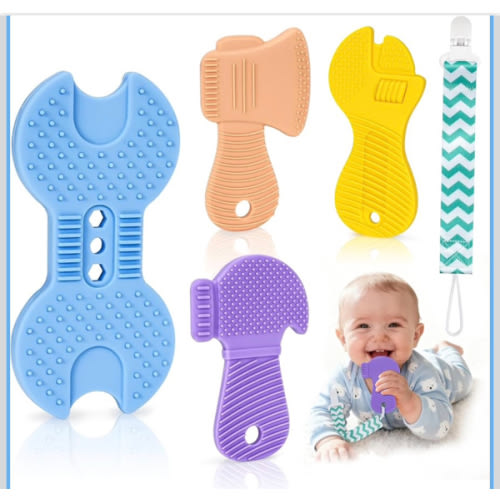 Baby Teething Toys, Teethers for Babies 3-18 Months, Teether Tools Shape Toys, Baby Teething Relief Toddlers Infant Toy with Pacifier Clip for Boys & Girls, Food Grade Silicone, BPA-Free, 4 Packs
