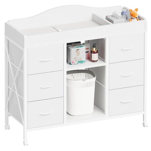 Yetom Changing Table, 6-Drawer Baby Dresser with Changing Table top, Waterproof Diaper Changing Station & Pad, 2 Height-Adjustable Open Storage Shelves, Mobile Nursery Organizer, White