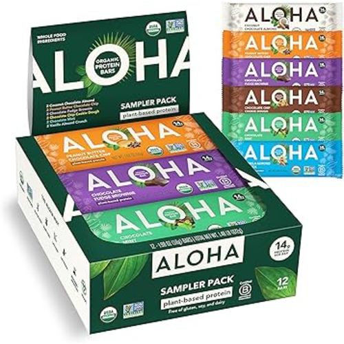 ALOHA Organic Plant Based Protein Bars - 6 Flavor Variety Pack - 12 Count, 1.9oz Bars - Vegan Snacks, Low Sugar, Gluten-Free, Low Carb, Paleo, Non-GMO, Stevia-Free, No Sugar Alcohol Sweeteners
