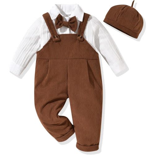 Unutiylo Newborn Baby Boy Outfit Set Long Sleeve Romper 3Pcs Gentleman Suspender Overall Fall Winter Clothes