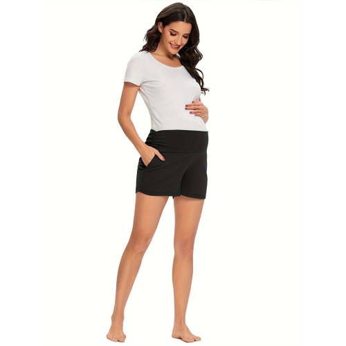 Yawrut Women's Maternity Shorts, Soft High-waisted Wrap Around The Abdomen, Black Pocket Fashionable Yoga Women Shorts For Pregnant