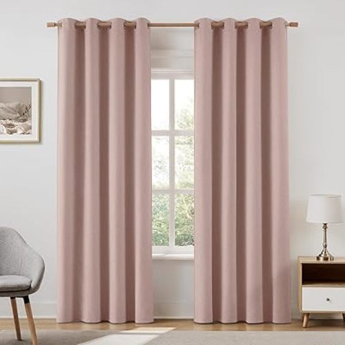 HOMEIDEAS 100% Blush Pink Linen Blackout Curtains for Bedroom, 52 x 84 Inch Length 2 Panels Faux Linen Thermal Insulated Black Out Grommet Window Drapes for Living Room，Nursery