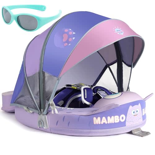 Mambobaby Float with Canopy and Tail New Upgraded Non-Inflatable Baby Pool Float Mambo Float Swim Trainer Solid Infant Swim Float Adjustable Pearl Foam Baby Swim Ring