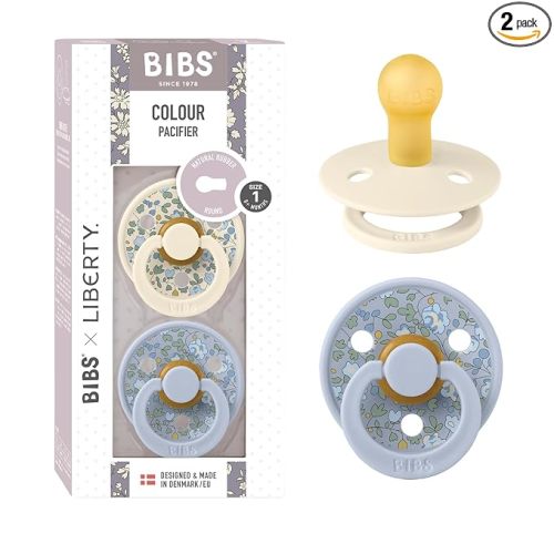BiBS Liberty Pacifier 2-Pack, BPA Free Pacfiers with Natural Latex Round Nipple, Made in Scandinavia, Size 1 (0-6 Months), Eloise Dusty Blue