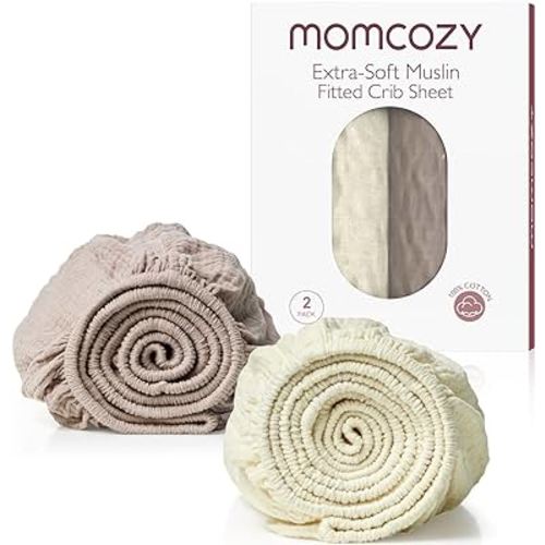 Momcozy Muslin Standard Fitted Crib Sheets, 52"x28", 2 Pack Soft Breathable Natural Cotton Baby Mattress Sheet, 360° Mattress Wrapping No Slip Boys Girls Neutral Toddler Bed Sheet, Cream Coffee Red