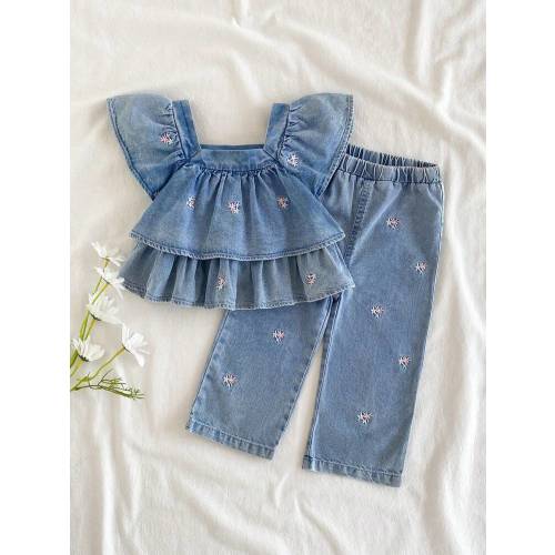 Vintaside Kids Baby Girls' Denim Outfit - Ruffle Trim Ditsy Floral Blouse And Relaxed Fit Jeans, Casual And Fashionable, Suitable For Spring/Autumn, Daily Wear, Photoshoot, Party, Autumn New Arrival | SHEIN USA